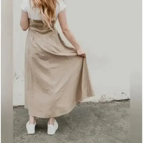 FREE PEOPLE Soledad Maxi Dress Khaki Tan Beige Sz M {3Z26} - Picture 3 of 10